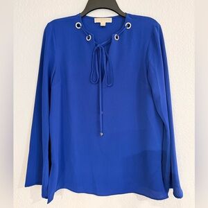 Michael Kors Blue Long Sleeve Blouse with Tie Neck